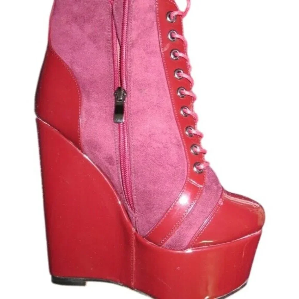 Dolls Kill Suede & Patent Leather Platform Boot Wedges Pink & Red NWT size 7 37